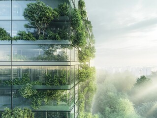 2408 119.A corporate glass building with tall trees and green plants growing along its structure. The eco-friendly design helps reduce CO2 levels and heat, showcasing the integration of sustainable