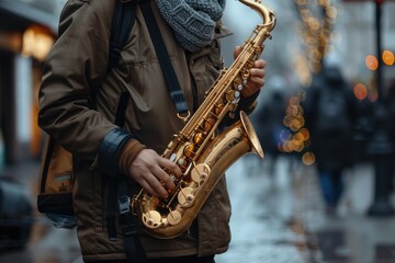 Naklejka premium A man is holding a gold saxophone in a city street