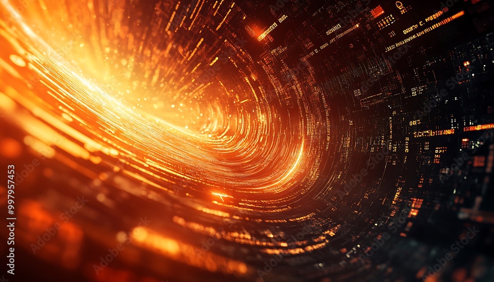 Poster illustration of cyber attack with dark digital lines and glowing firewall