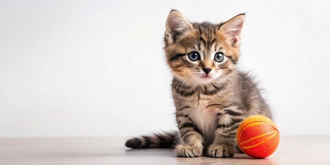 Panoramic cute kitten with a ball on isolate background