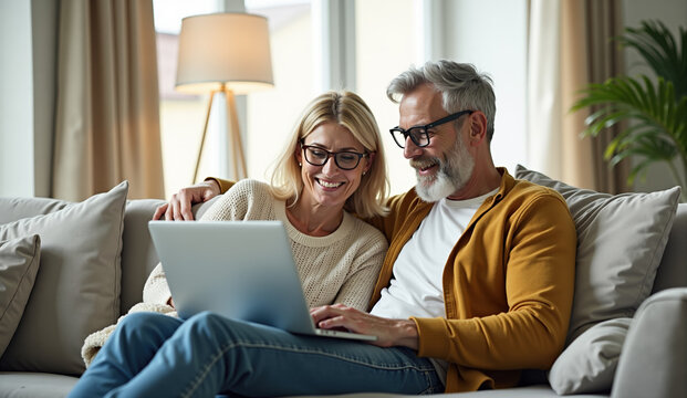 Cheerful retired couple sitting on the couch comfortably shopping online from their living room using laptop