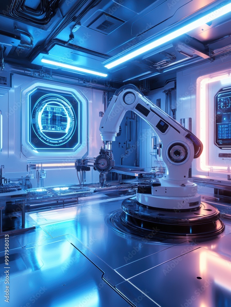 Poster a robotic arm efficiently assembles complex machinery in a modern lab with illuminated panels and ad
