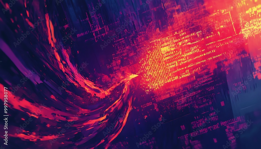 Poster illustration of cyber attack with dark digital lines and glowing firewall