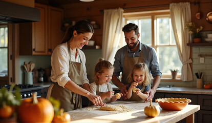 A family makes a traditional Thanksgiving pie together at the kitchen