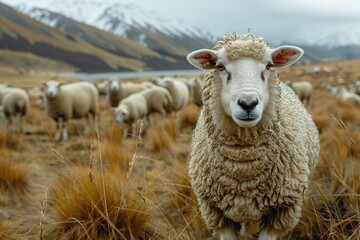 Obraz premium A sheep is standing in a field with other sheep