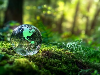 2408 148.A crystal globe rests gently on a bed of moss in a forest, symbolizing the fragility of the planet and the need for environmental care. The image represents the core values of ESG, promoting