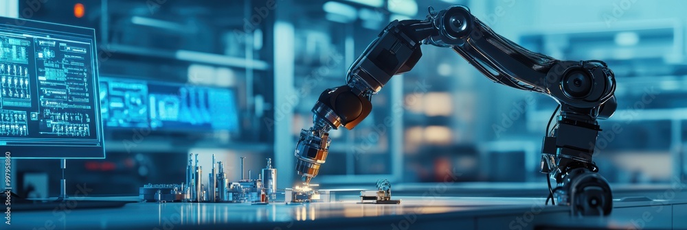 Poster a robotic arm precisely constructs complex machinery in a sleek, illuminated lab filled with advance
