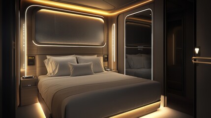 Fototapeta premium A guest room with smart ambient lighting that adjusts based on the time of day, and a bed that customizes firmness for each guest