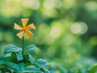 2408 152.A small paper windmill set against a green backdrop, representing clean energy and sustainability. The scene emphasizes the importance of ESG in reducing carbon emissions and investing in