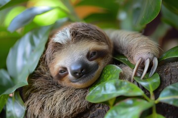 Fototapeta premium A brown and white sloth is resting on a tree branch
