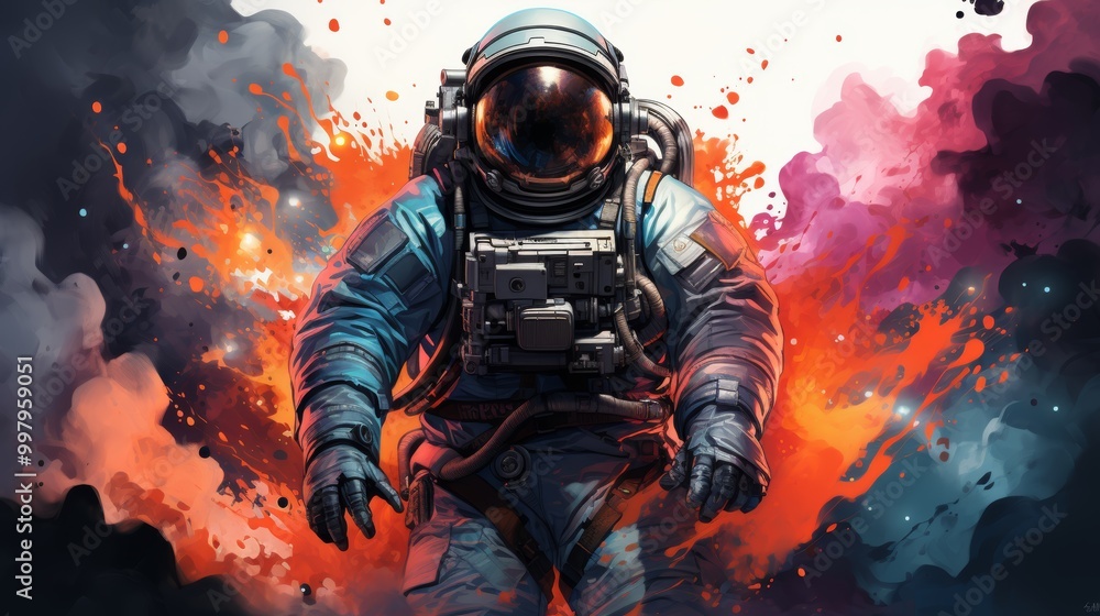 Poster a man in a blue spacesuit is standing in front of a colorful explosion