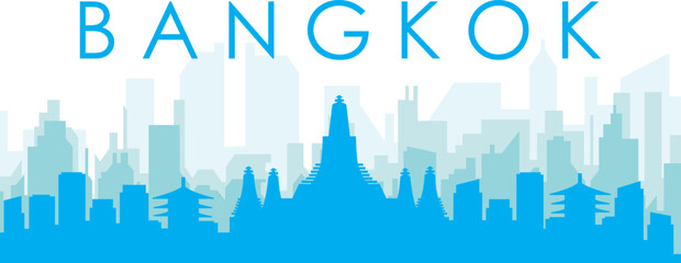 Blue panoramic city skyline poster with bluish misty transparent background buildings of BANGKOK, THAILAND