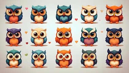 Cute Owl Emoji Set in Cartoon. Owl Collection Background Design Flat Vector Design