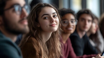 Fototapeta premium Young Woman with Long Hair Smiling in a Group of Friends