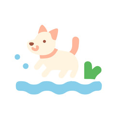 Minimalist Icon of Pet Dog in Water in Pastel Green, Blue, and Peach Tones