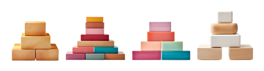 Obraz premium Colorful wooden building blocks arranged in various patterns on a white isolate background, showcasing creativity and playfulness.