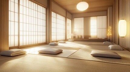 A serene yoga and meditation room with Japanese minimalist design