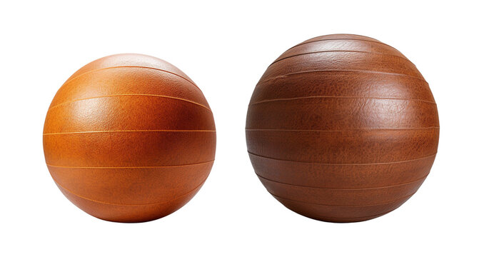 Two wooden exercise balls of different sizes isolated on a white background, perfect for fitness enthusiasts and home workout sessions.