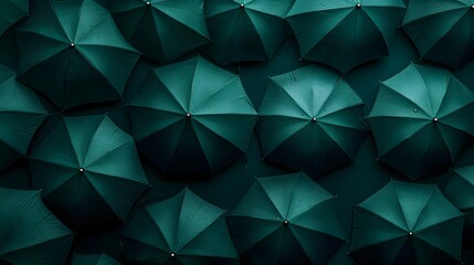 Fototapeta premium A top-down view of numerous dark green umbrellas arranged closely together, creating a visually striking pattern.