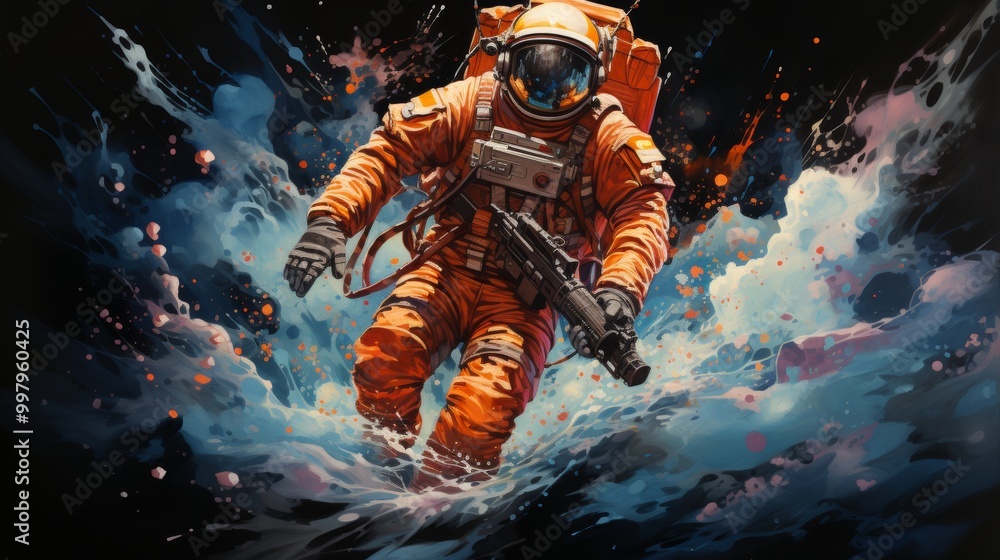 Poster a man in an orange spacesuit is floating in the ocean