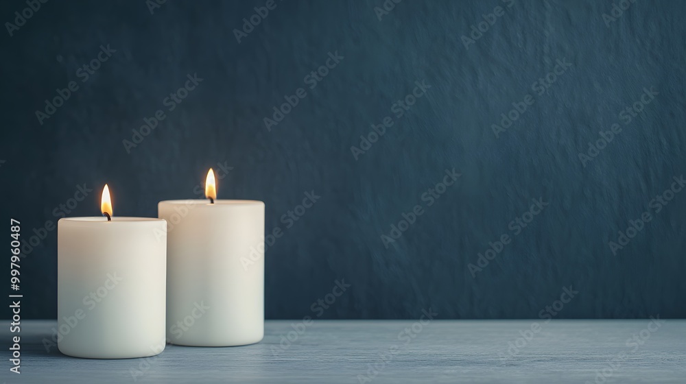 Poster two white candles flicker softly against a dark background, creating a serene and calming atmosphere
