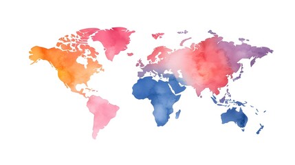 Obraz premium A colorful watercolor world map showcasing various continents in vibrant shades, ideal for educational or decorative purposes.