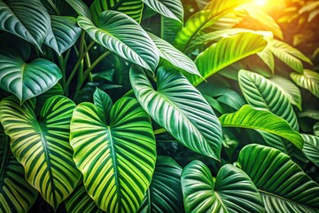 Exotic Tropical Leaves with Dappled Sunlight Lush Greenery Photography Medium Shot