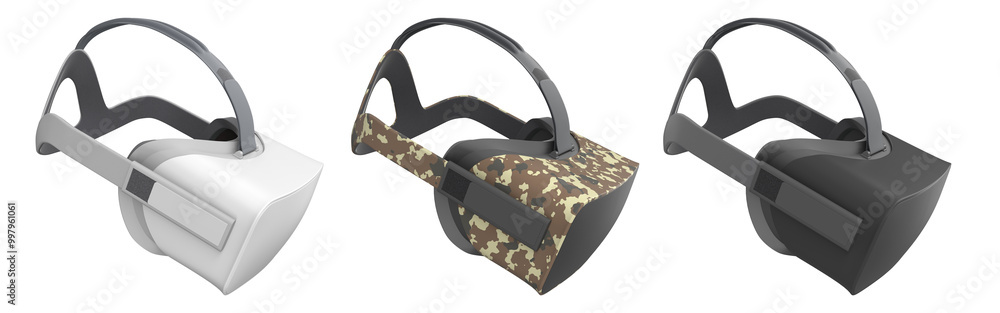 Poster virtual reality glasses and headset isolated on white background with clipping path. 3d render of de