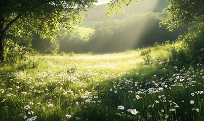 Obraz premium Serene Summer Meadow with Wildflowers and Warm Sunlight over Rolling Hills