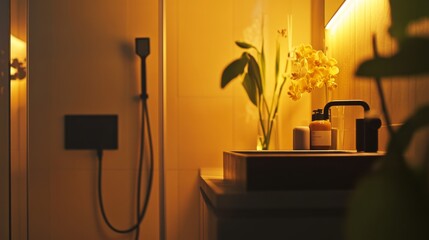 The bathroom has a simple, stylish look. A black shower stands out, and warm yellow lights make the toiletries look nice.