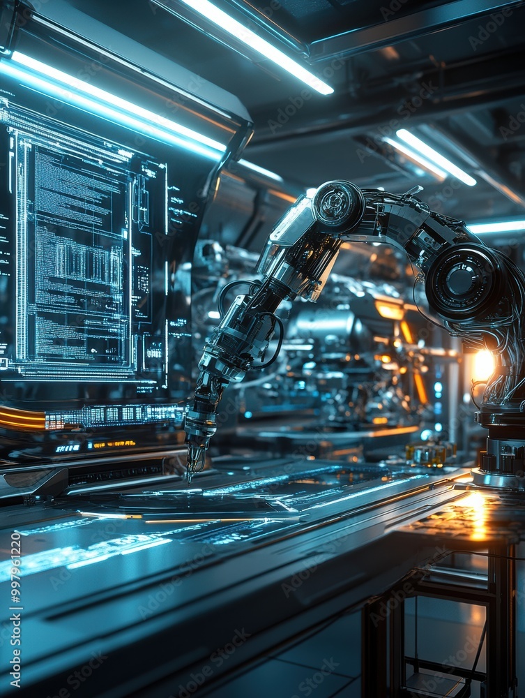 Poster In a sleek, advanced laboratory, a robotic arm skillfully assembles intricate machinery while illuminated by glowing panels. Generative AI