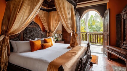 A sophisticated bedroom suite with a king-sized canopy bed draped in silk