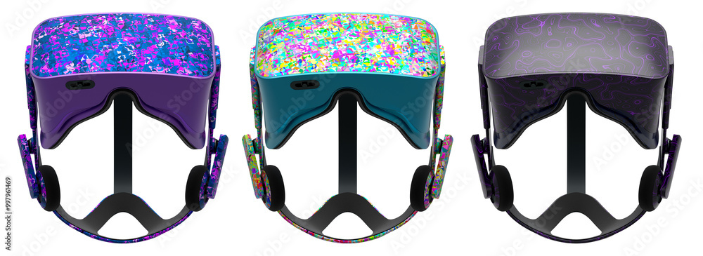 Poster virtual reality glasses and headset isolated on white background with clipping path. 3d render of de