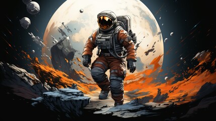 A man in an orange spacesuit is walking on a rocky surface