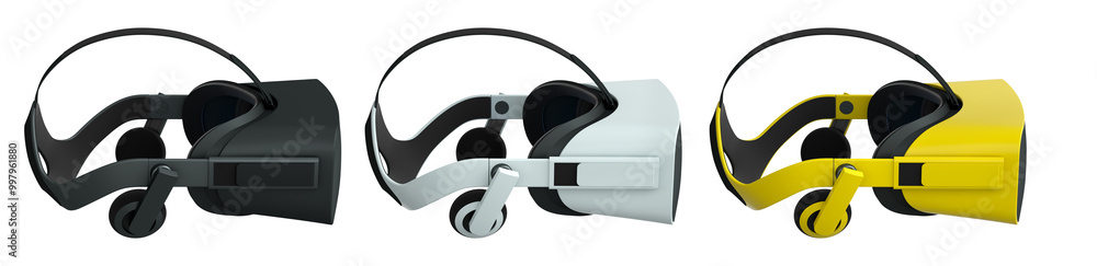 Poster virtual reality glasses and headset isolated on white background with clipping path. 3d render of de