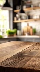 Wooden table top on blur kitchen room background