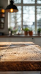 Wooden table top on blur kitchen room background