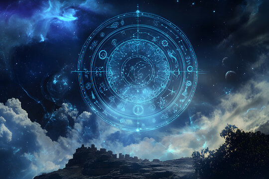 Mystical zodiac wheel in night sky, cosmic astrology symbols, celestial chart over mountains, esoteric celestial map, spiritual mysticism, astrological universe, cosmic divination