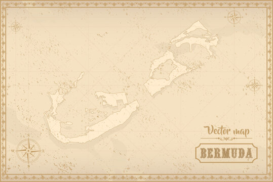 Map of Bermuda in the old style, brown graphics in retro fantasy style