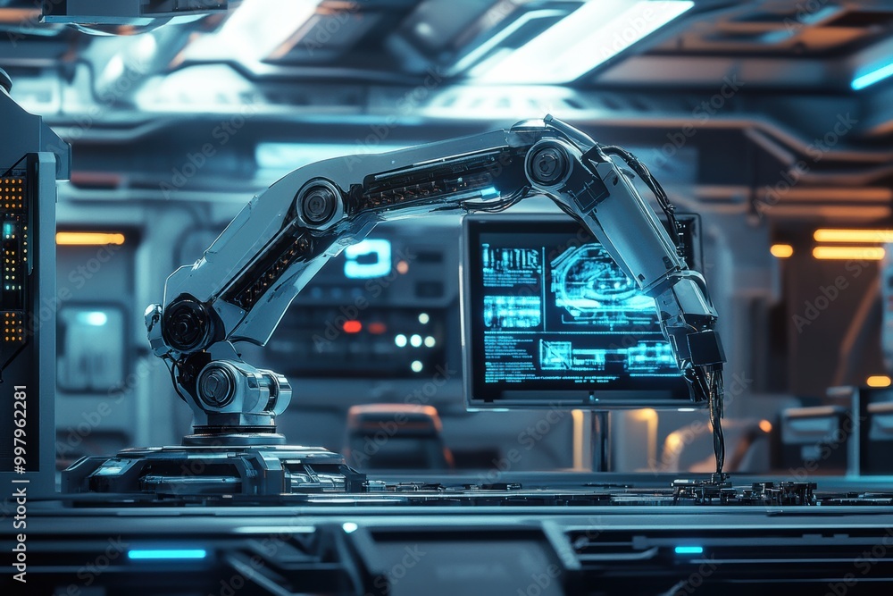 Fototapete a robotic arm precisely integrates complex machinery while surrounded by glowing panels and holograp