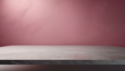 Studio with podium for product presentation. Empty floor and pink wall with stand. 3D room with gradient background. Countertop with concrete or marble texture