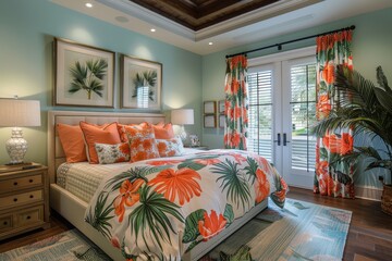 A bedroom with a bed covered in a floral print and orange pillows