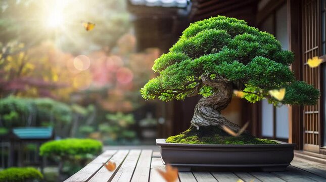 landscape of a bonsai in the yard of a typical Japanese house. Virtual 4K video animation background with looping time lapse with very smooth graphics.