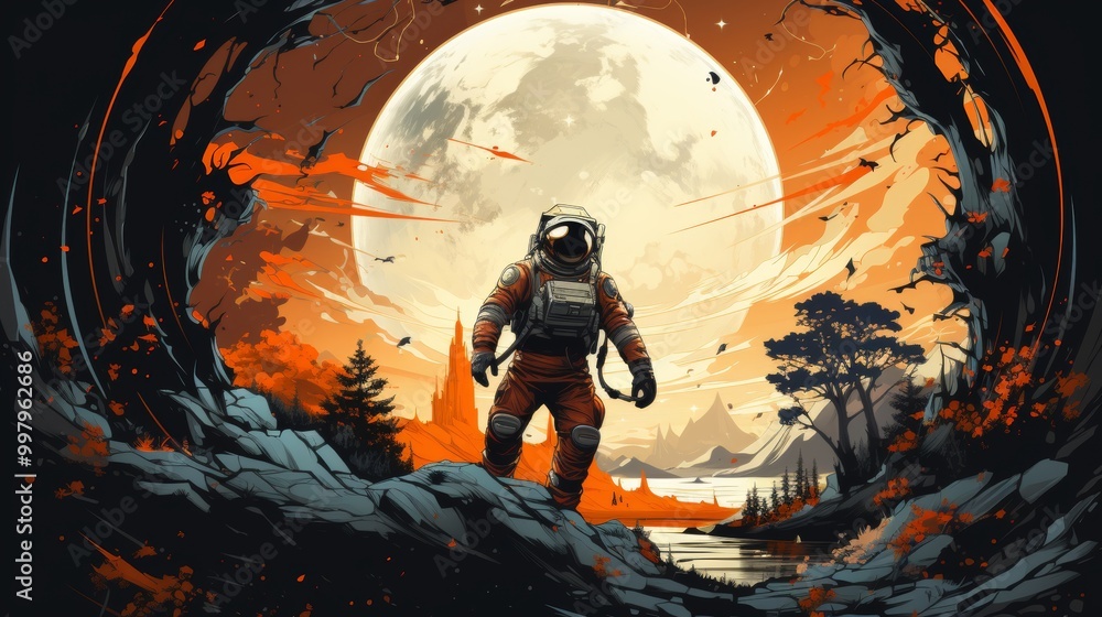 Poster a man in a spacesuit stands in front of a large moon