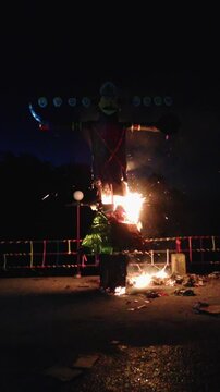 Ravana effigy burning purposely on Dussehra Festival during nighttime. Festivities.