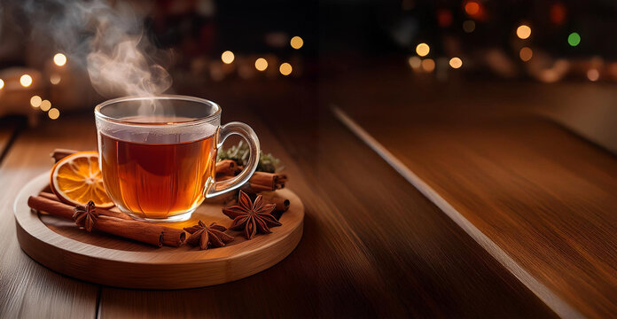 Eine dampfende Tasse Kr&auml;uter-Adventstee auf einem Holztablett, daneben Zimtstangen, Sternanis und getrocknete Orangenscheiben, in einer gem&uuml;tlichen und warmen Atmosph&auml;re, perfekt f&uuml;r Winterabende.
