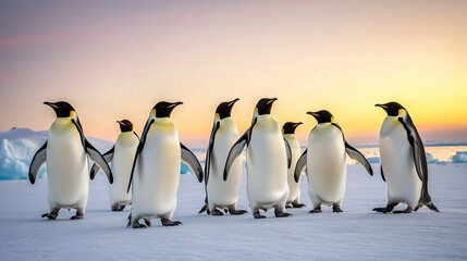 Obraz premium Penguins Marching Across the Ice Underneath a Vibrant Polar Sunset