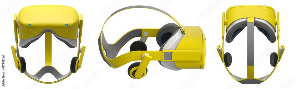 Poster virtual reality glasses and headset isolated on white background with clipping path. 3d render of de