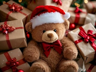  Festive Teddy Bear in Santa Hat Surrounded by Christmas Gifts and Decorations .