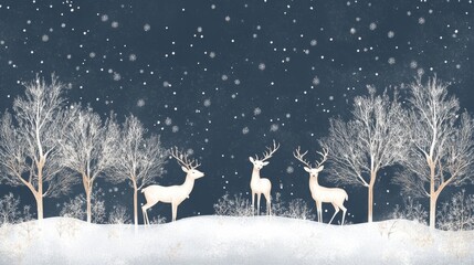 A snowy scene with white trees and deer standing out against a dark sky. It's perfect for a Christmas card or winter-themed design.